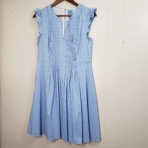 CeCe Blue White Pintuck  V-Neck Flutter Sleeve Cotton Dress SZ 8 NWOT